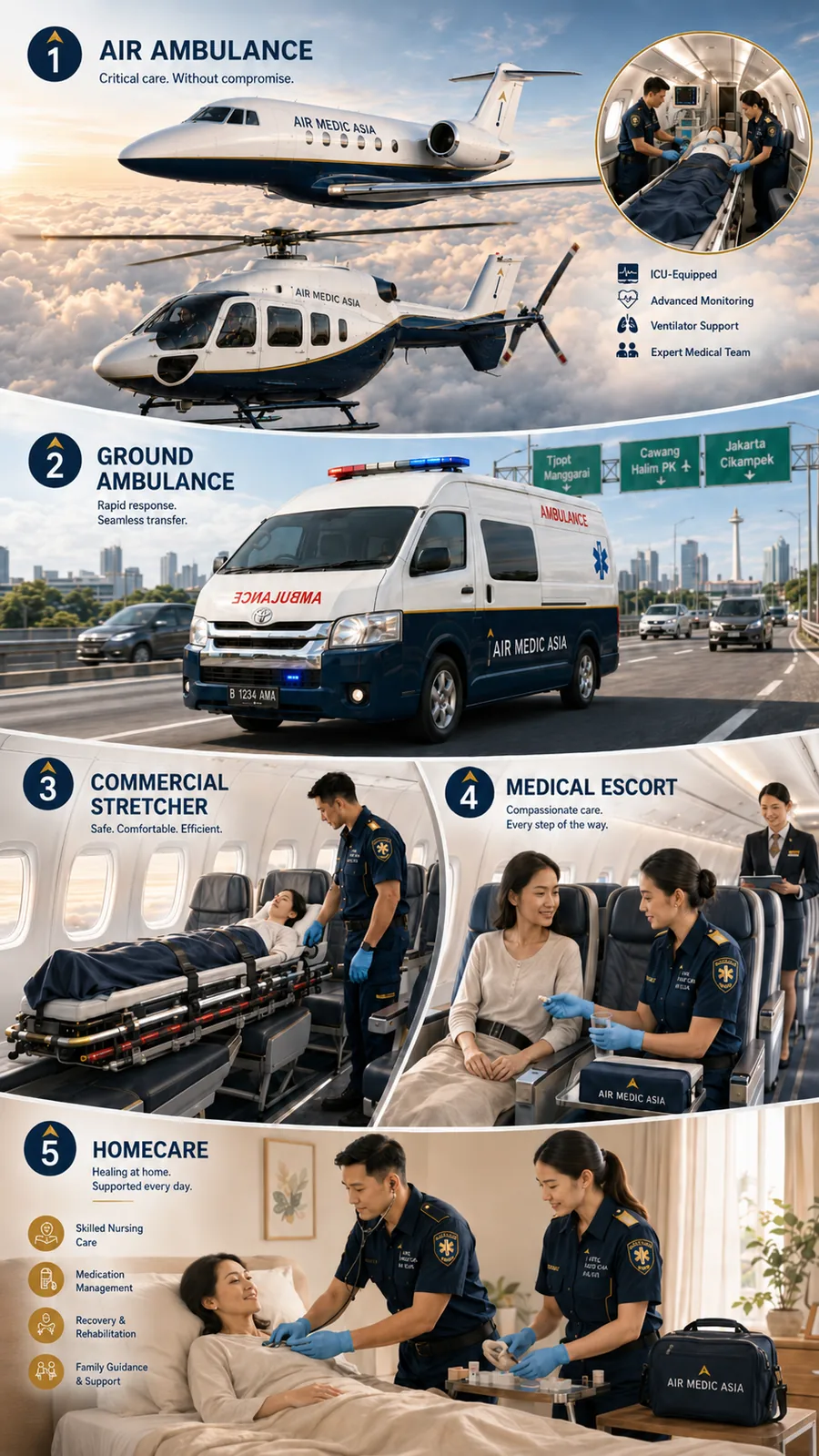 Air Medic Asia services: air ambulance jet, helicopter, ground ambulance, commercial stretcher, medical escort, and homecare across Asia.