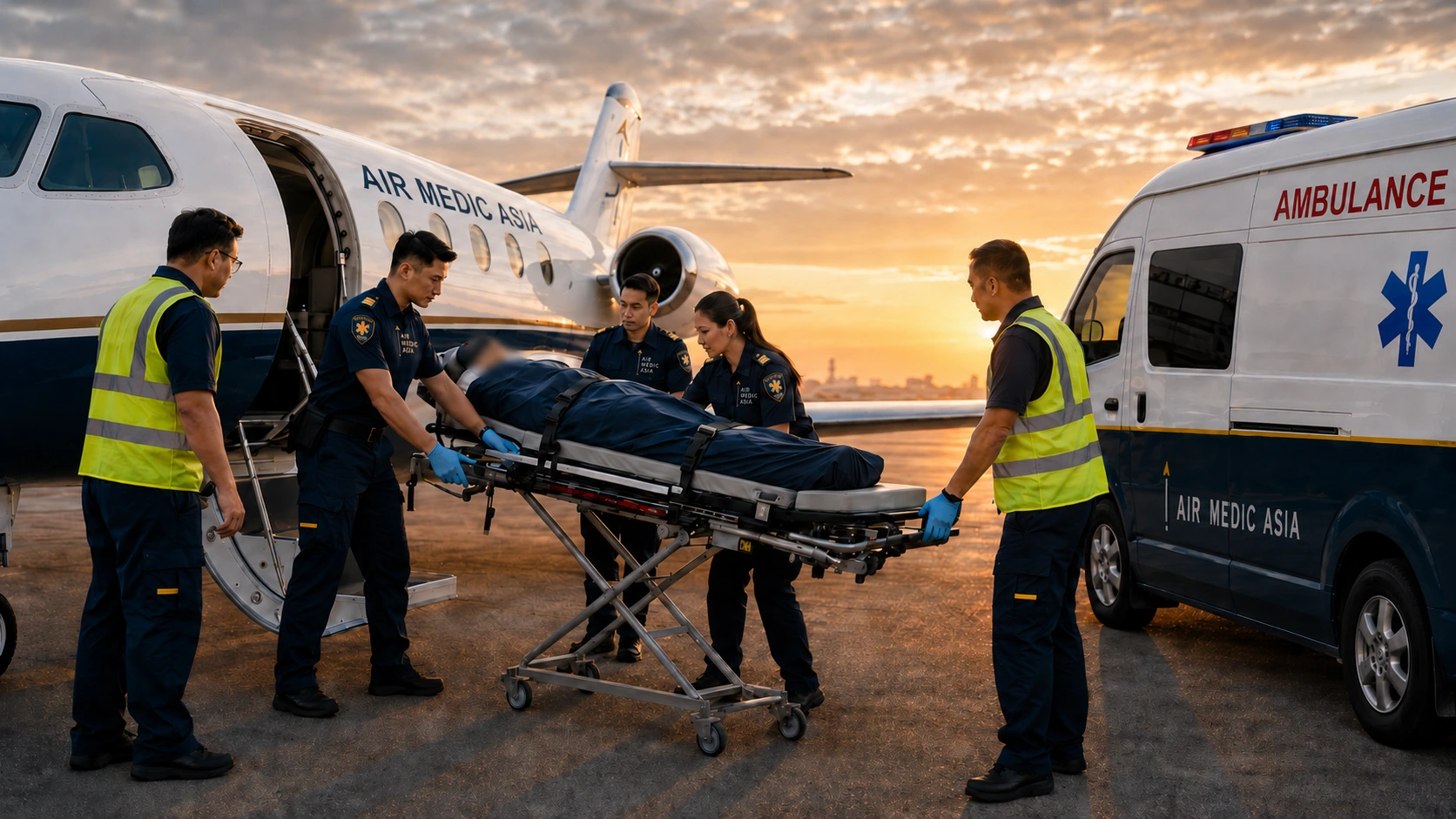 Air Medic Asia medical team transferring a patient from a private jet to a ground ambulance at sunset.